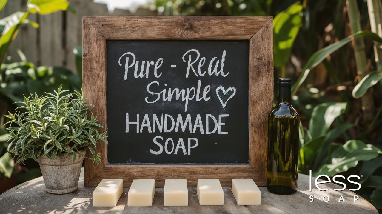 A chalkboard sign sits on top of a rustic table with several bars of natural soap in front of it. The sign reads 