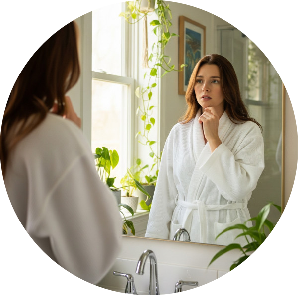 A woman looking at herself in the mirror while examining her skin